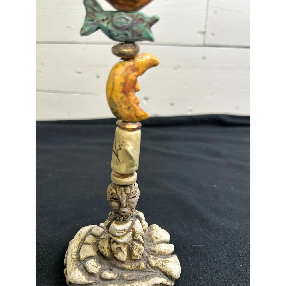 Ceramic Totem Candlestick Holder Sun Moon Bird Fish Folk Art Pottery 10in
